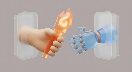 3D render of a human hand passing a glowing torch to a robotic hand through glass panels, symbolizing AI collaboration, digital transformation, and the future of technology and innovation.