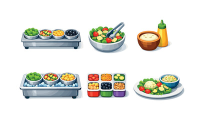 Isometric Salad Icons. Salad bar. Isometric flat vector icons set of salad bar: row of salad bowls, salad with tongs, bowl with dressing bottle, chilled salad
