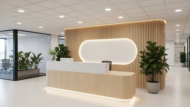 Modern and inviting office reception area showcasing sleek wooden design, bright lighting, and lush green plants, creating a professional and welcoming corporate entrance lobby for visitors