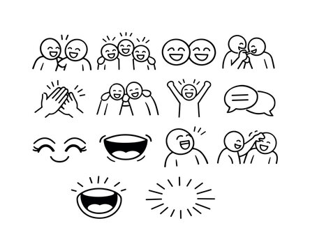 Joyful Laughter Icons. Laughing together. Line icon set of Laughing together: two people laughing, group laughter, smiling faces, shared joke gesture, clapping