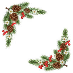 Christmas wreath frame with pine branches, pinecones, and red berries isolated on transparent background