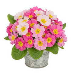 Vibrant pink and white primroses in a small metal pot isolated on transparent background