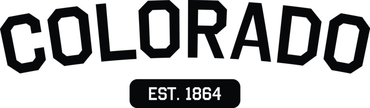 Colorado state typography design featuring bold collegiate style lettering and established 1864 date text for souvenir apparel, t-shirt prints, athletic team graphics, and regional pride merch