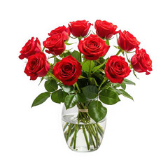 A bouquet of red roses in a clear glass vase isolated on transparent background