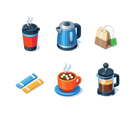 Colorful Hot Drink Icons. Hot drink. Isometric flat vector icons set of Hot drink: thermal mug with steam, kettle, tea bag, sugar packet, hot cocoa cup, coffee