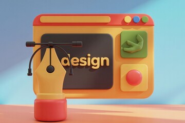 A 3D illustration shows a modern software interface layout with various colorful widgets and a pen tool icon. 