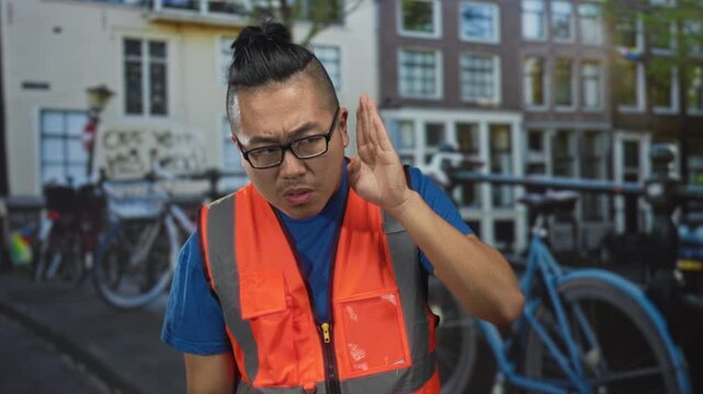 Man in orange reflective vest gives thumbs up on a street in amsterdam beside bicycles and canal buildings; friendly service.