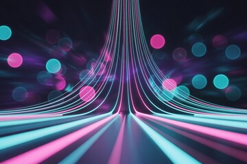 Radiant streaks of pink and blue light converge into a powerful central column of energy. Glowing bokeh circles float in the background to create a sense of depth and motion. 