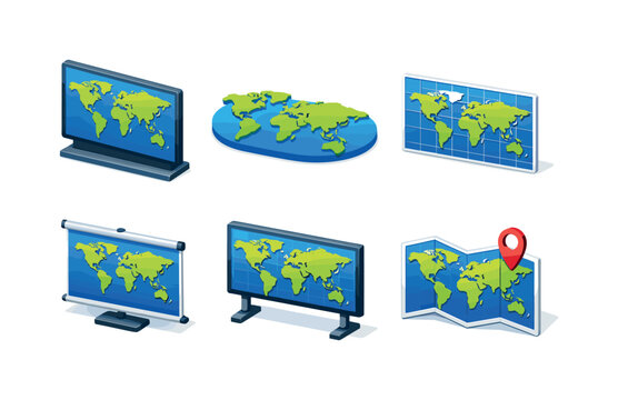 Colorful Isometric World Maps. World map. Isometric flat vector icons set of World map: global world map panel, simplified continents map, world map with grid