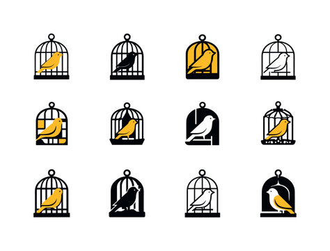 Canary Icon Set. canaries. Icon set. Set Logo of canaries: canary in cage. harmonious logo variations of the same emblematic concept, each with different