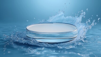 Empty circular glass podium placed on clear blue water with splashes in a mockup scene ideal for highlighting natural purity