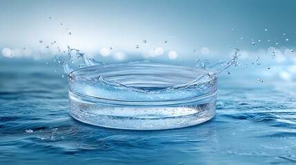 Empty circular glass podium placed on clear blue water with splashes in a mockup scene ideal for highlighting natural purity