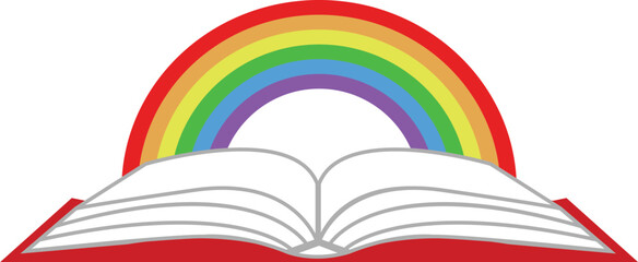 Colorful rainbow emerging from an open book illustration for children education and magical storybook learning design concepts isolated on white background