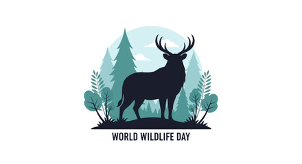 Vector illustration of a deer standing in a forest on World Wildlife Day in America with wild elements.