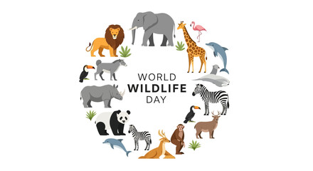 Vector illustrations of various wild animals forming a circle around World Wildlife Day text on white background © Mukhamad