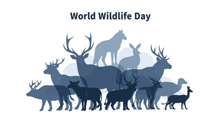 Vector illustration of various wild animal silhouettes for World Wildlife Day in America with natural elements.