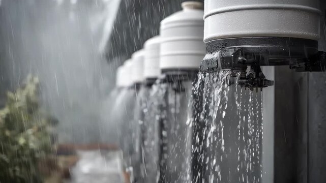 Medium shot of rainwater harvesting storage tanks capturing runoff water during rainfall at a marina highlighting ecofriendly water collection for sustainable use.