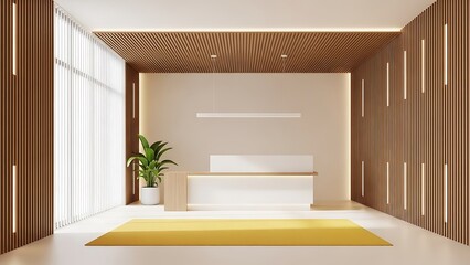Fototapeta premium Modern minimalist reception area interior design with a sleek white desk, vibrant yellow rug, and elegant wooden walls, creating a bright and welcoming contemporary space