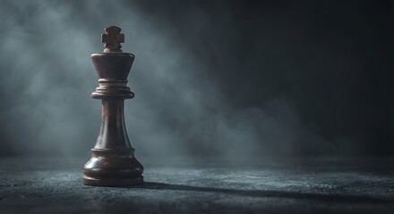 A powerful wooden chess king stands alone in a misty, dark environment. This image represents strategic planning, leadership, corporate dominance, and political authority in a competitive world.