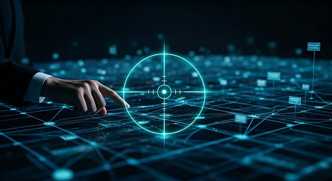 Threat hunting concept. A security expert's hand moves a holographic crosshair over a vast data network, actively searching for hidden threat patterns.