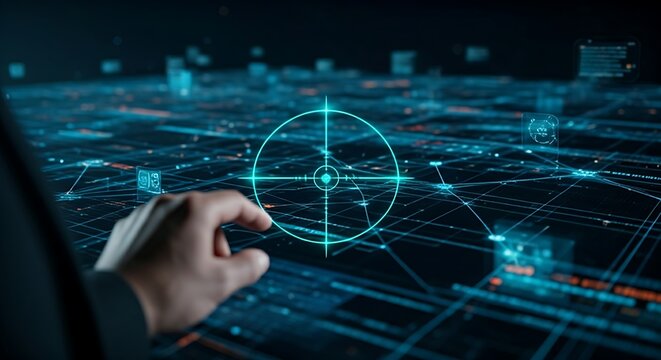 Threat hunting concept. A security expert's hand moves a holographic crosshair over a vast data network, actively searching for hidden threat patterns.