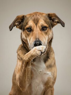 Shy Dog Covering Its Mouth with Paw in a Studio Portrait