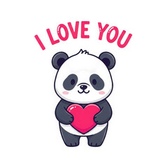 Cute panda bear holding heart with love message on transparent background