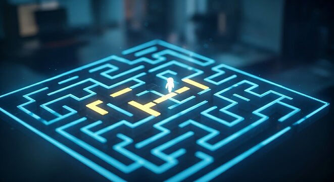 Reinforcement learning AI concept. A holographic light point (AI) learns to solve a maze through trial and error, with the correct path lighting up.