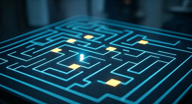 Reinforcement learning AI concept. A holographic light point (AI) learns to solve a maze through trial and error, with the correct path lighting up.