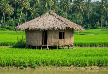 Wattle and daub hut in Bangladesh, surrounded by rivers and green paddy fields