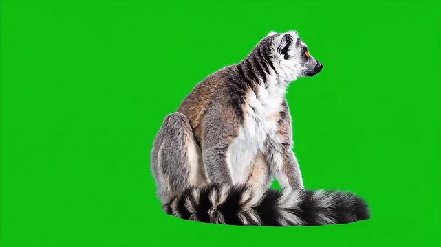 Ring Tailed Lemur Sitting and Looking Around on Green Screen
