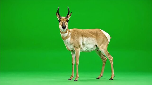 Pronghorn Antelope Standing and Looking on Green Screen Background