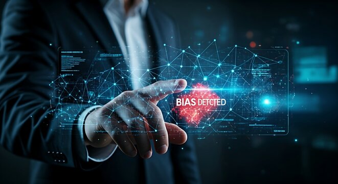 AI bias detection concept. An AI scans a holographic dataset and highlights a cluster of points in red, with a "BIAS DETECTED" alert.