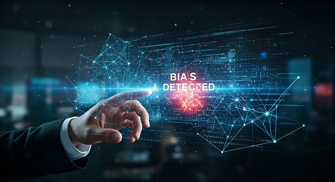 AI bias detection concept. An AI scans a holographic dataset and highlights a cluster of points in red, with a "BIAS DETECTED" alert.