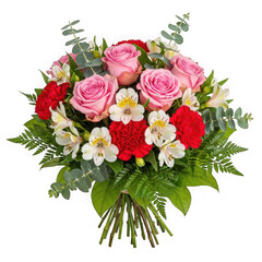 Beautiful bouquet of pink roses and red flowers with greenery isolated on transparent background
