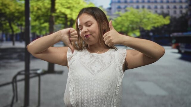 Woman in a white lace top showing thumbs up and thumbs down gesture on a city street with trees and building visible; indecision contrast.