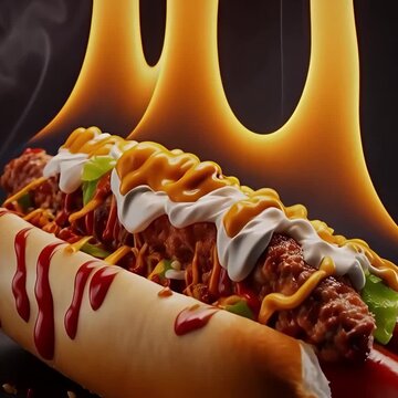 Fiery gourmet chili hot dog with multiple toppings with fast food with street food with comfort food with dark background