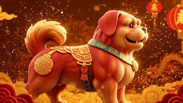 Majestic 3D Chinese Zodiac Dog Orbiting with Auspicious Glow and Golden New Year Particles