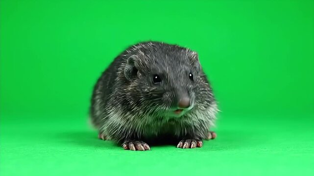 Small furry common vole rodent sitting and sniffing on a green screen background