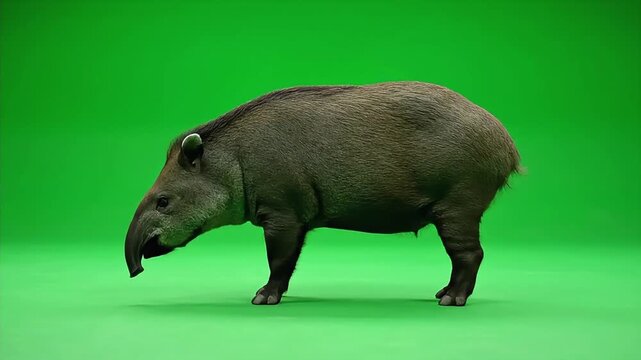 South American Tapir Walking Slowly on a Green Screen Background