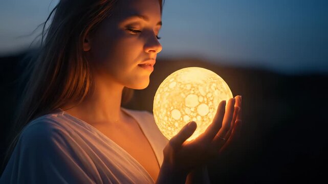 Woman holds glowing orb at night outdoors. Dreamy portrait of magic and peace. Lunar glow, mystical, tranquil scene.