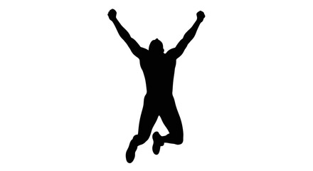 A black silhouette of a man jumping in the air with arms raised in a celebratory pose on a white background.