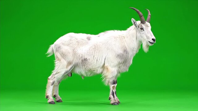 White Domestic Goat Standing in Profile on a Green Screen Background