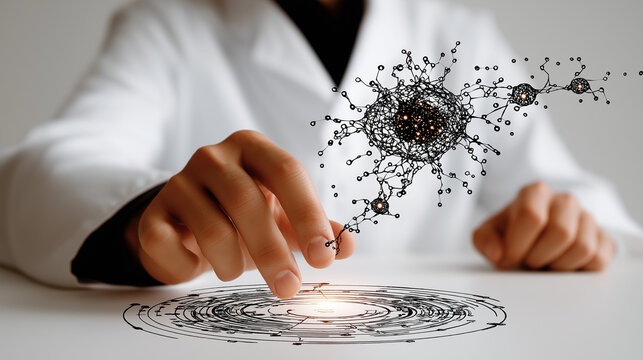Scientific interaction: A scientist in a pristine lab coat interacts with a detailed 3D rendering of a neuron, showcasing innovation in a world of discovery.