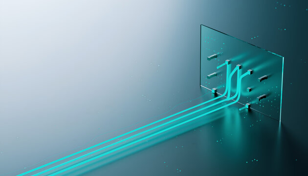 Abstract network routing through secure gateway panel with glowing data lanes, 3D technology background