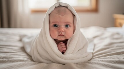 Cute newborn baby wrapped with white towel on bed indoors.