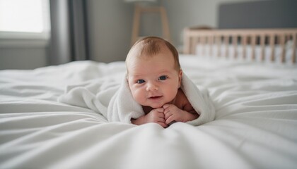 Cute newborn baby wrapped with white towel on bed indoors.