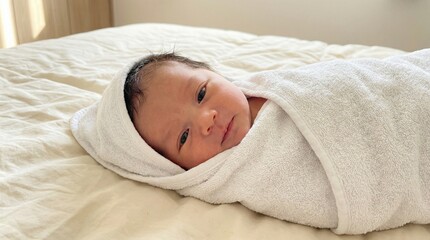Cute newborn baby wrapped with white towel on bed indoors.