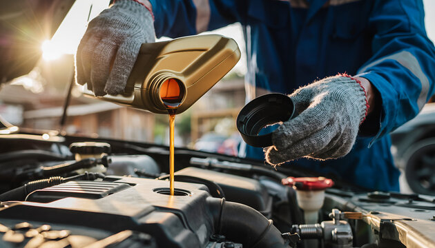 Mechanic pouring fresh oil into a car engine during maintenance service.