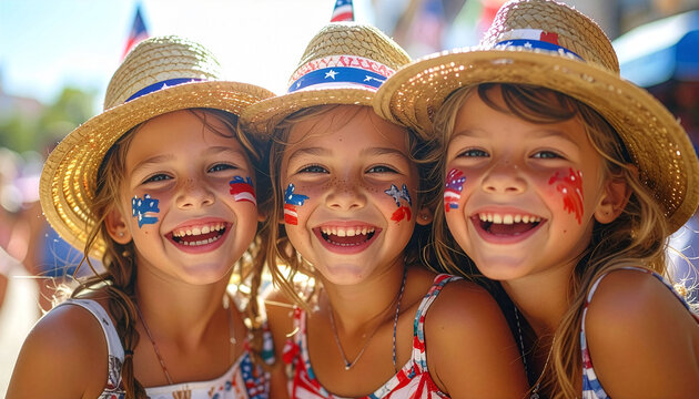 AI generated image of a joyous family and children celebrating 4th of July. Smiling faces adorned with American flag emblems and patriotic symbols. Bright, sunny day capturing the spirit of freedom.